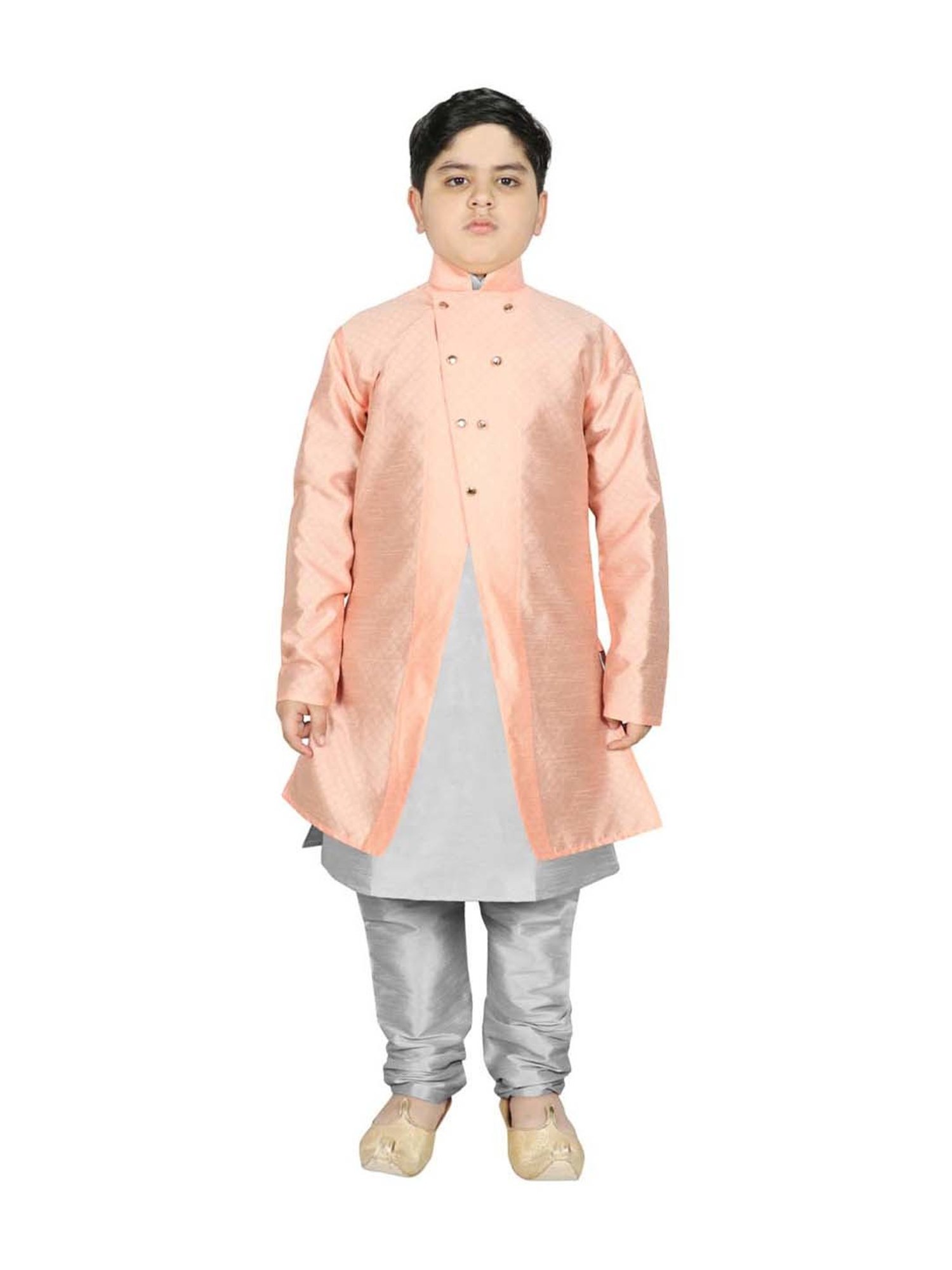 SG Yuvraj Kids Peach & Grey Textured Pattern Full Sleeves Kurta Set