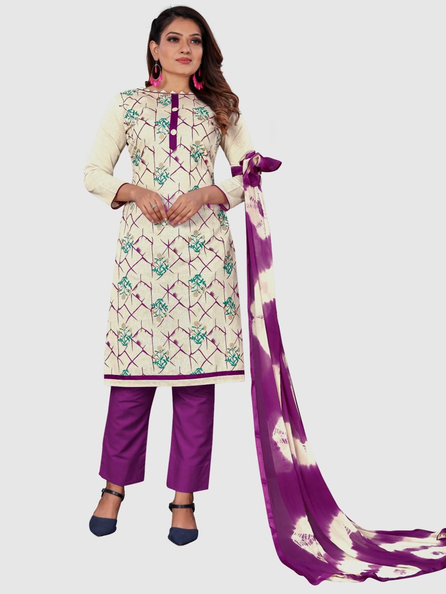 APNISHA Beige & Purple Cotton Printed Unstitched Dress Material
