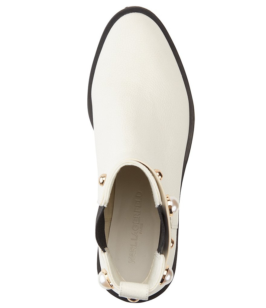 KARL LAGERFELD PARIS Pola Leather Pearl Stud Ankle Strap Lugged Sole Chelsea Booties