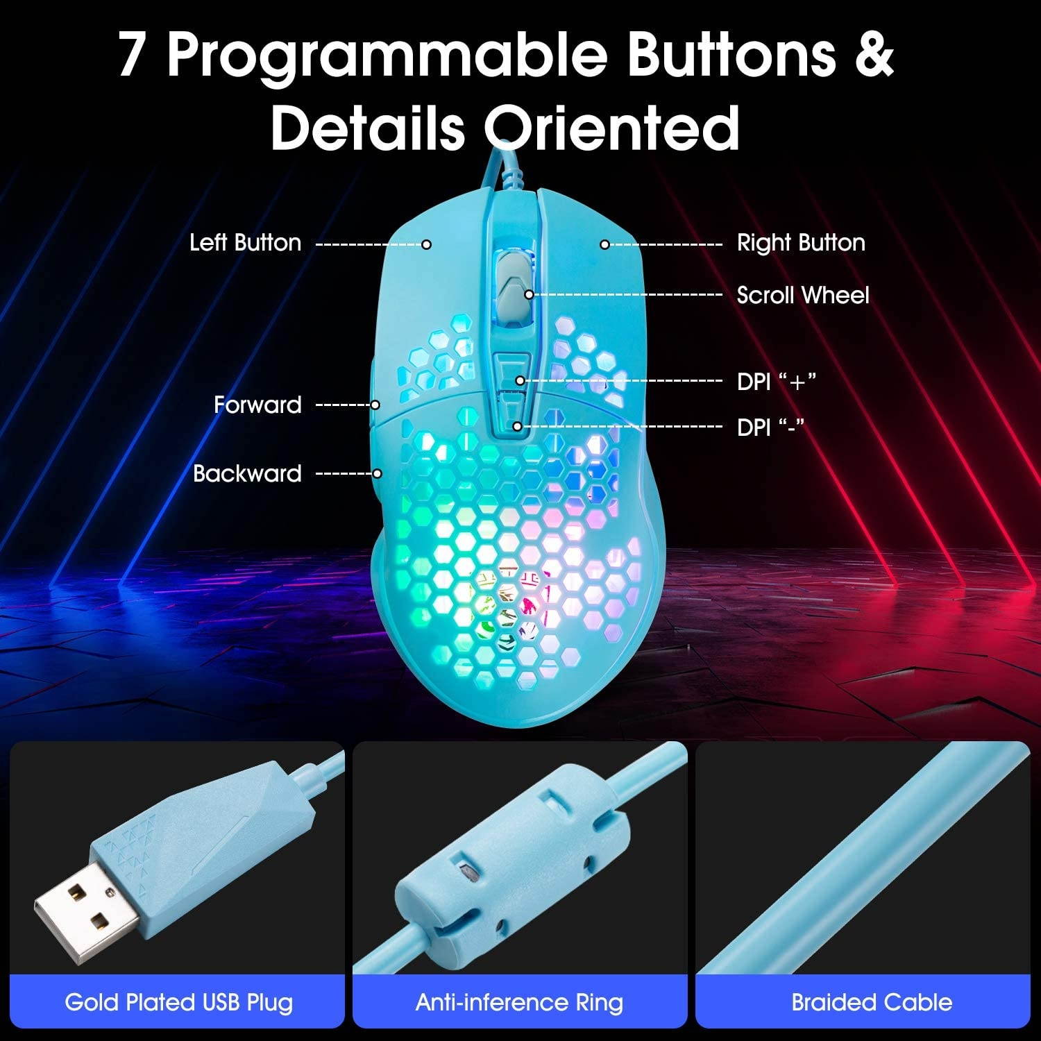 Lightweight Gaming MouseRGB Chroma LED Light Wired USB Mouse with Lightweight Honeycomb Shell 6400 DPI Adjustable 7 Programmed Button Ergonomic Optical Computer Gamer Gaming Mice for Mac PC Laptop