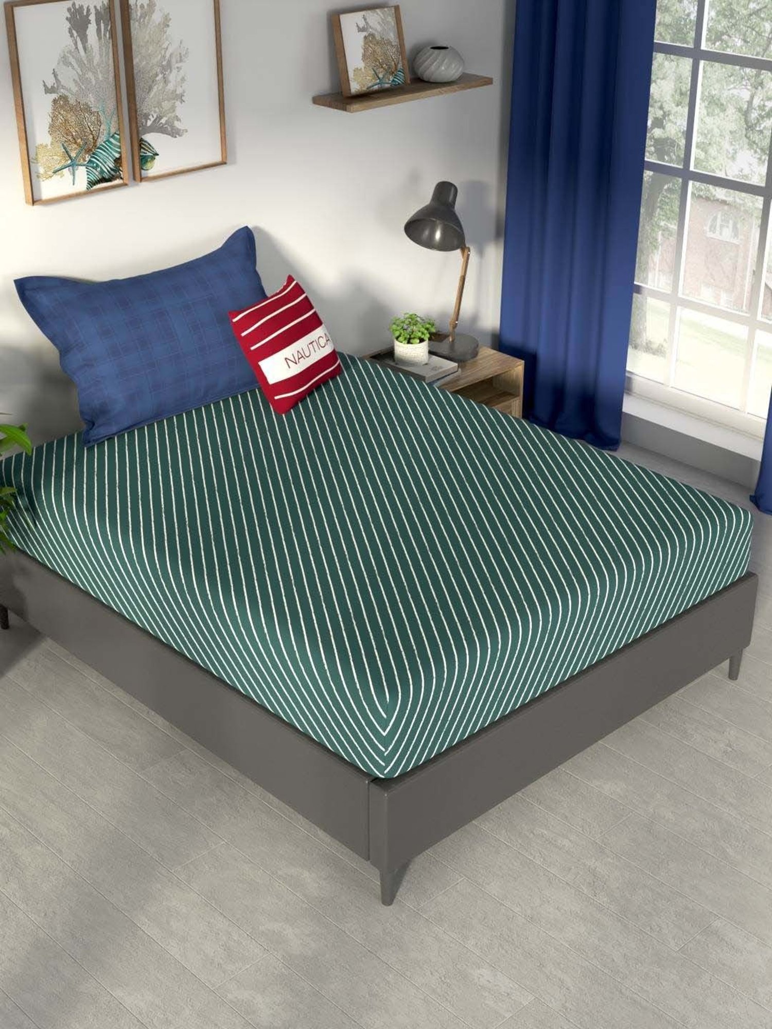 NAUTICA Pacific Coast Green & White Cotton 160 TC Single Bedsheet with Pillow Cover