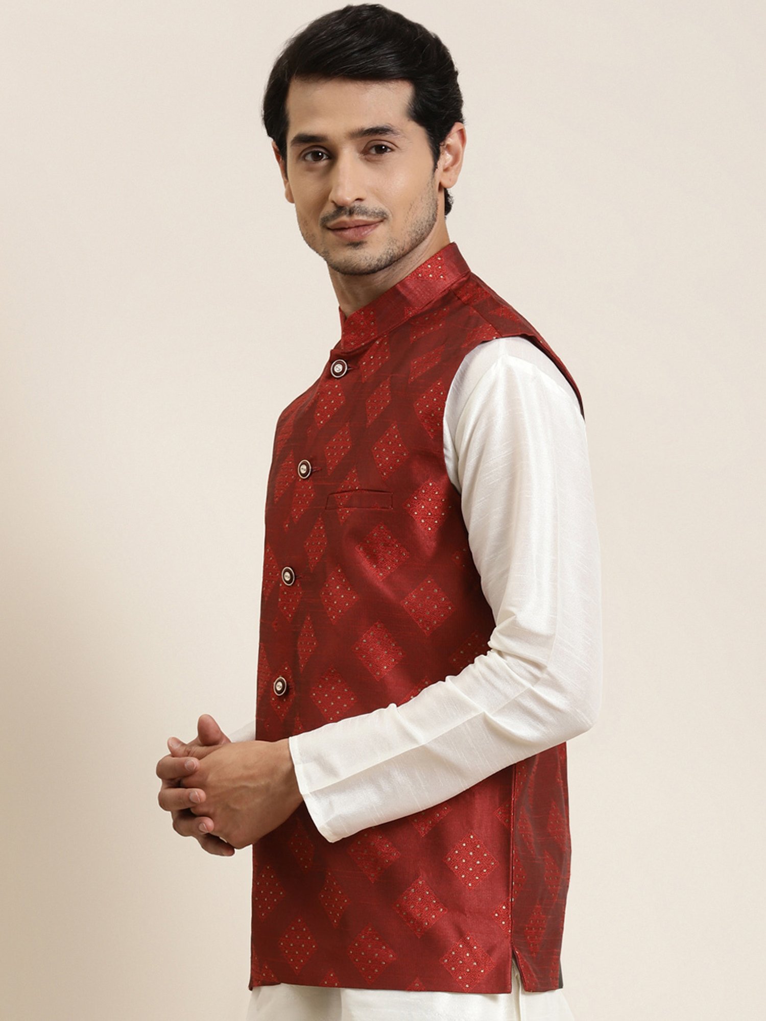 Sojanya Maroon Regular Fit Self Pattern Nehru Jacket