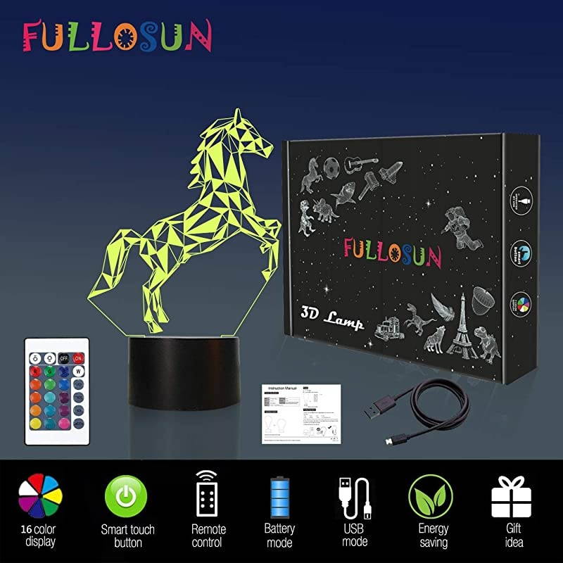 Horse 3D LED Lamp Night Light Projection with 16 Color Changing Baby Nursery Nightlight for Kids Room Home Decor Xmas Birthday Gifts