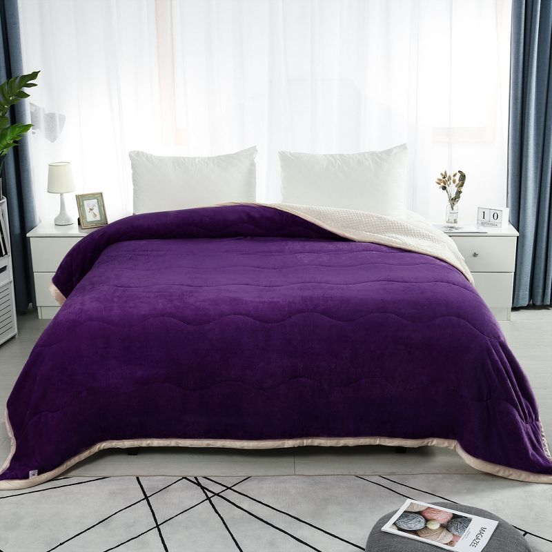 Full/Queen Microfiber Flannel Fleece Plaid Patterned Bed Blankets Dark Purple  - PiccoCasa