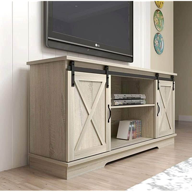 Sliding Barn Door TV Stand for TVs up to 65", Home Living Room Entertainment Center, Wood Storage Cabinet with Doors and Shelve, White Oak