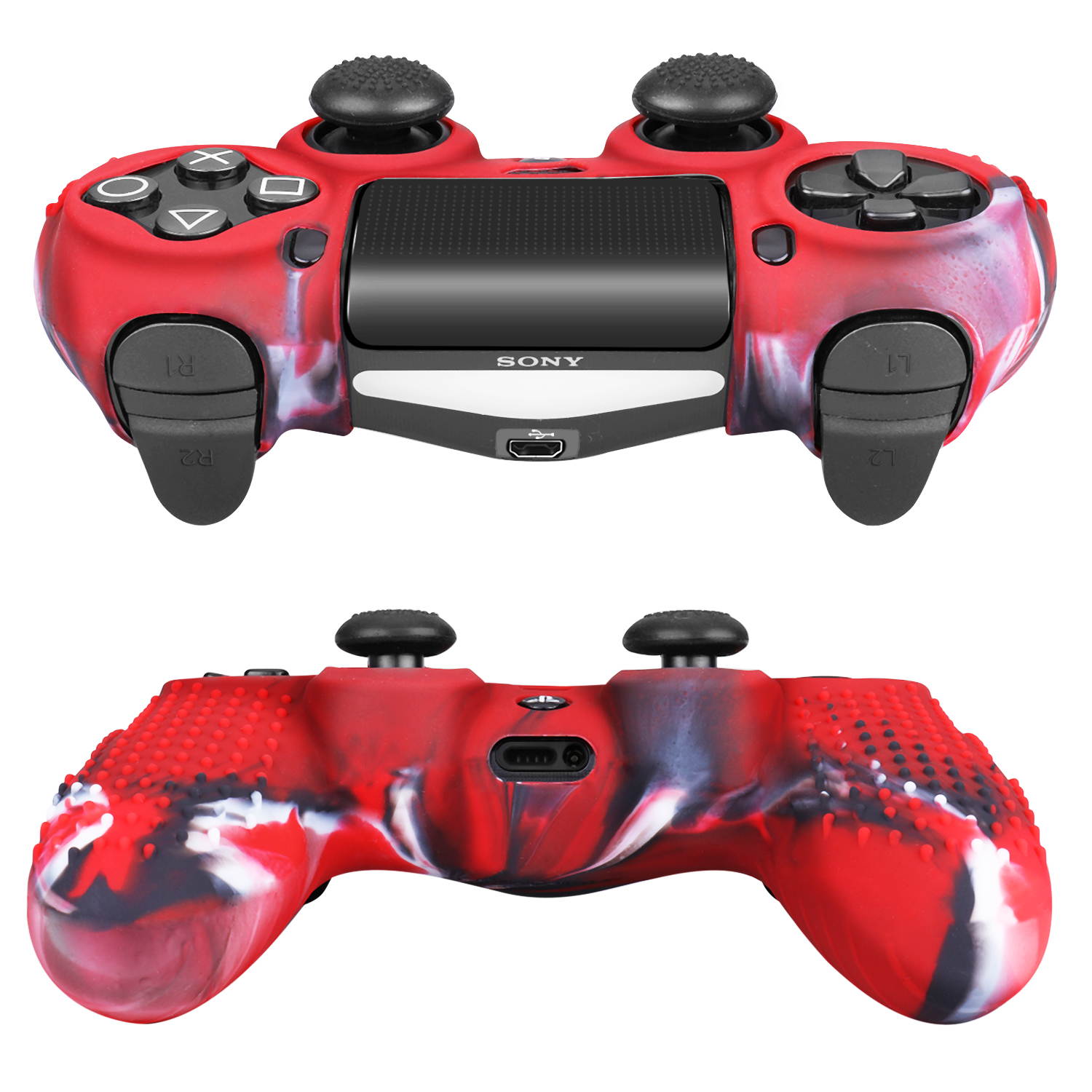 PS4 / Slim / Pro Controller Skin Grip Cover Case Set - Protective Soft Silicone Gel Rubber Shell & Studded Anti-slip Thumb Stick Caps for Sony PlayStation 4 Controller Gaming Gamepad (Mystic Red)
