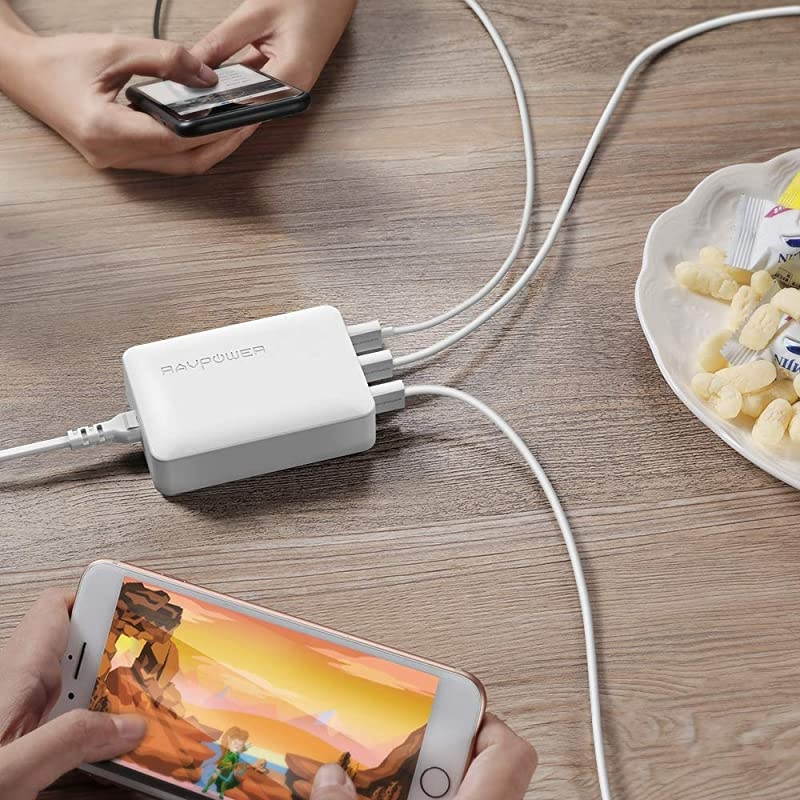 USB Charger  60W 12A 6-Port Desktop USB Charging Station with iSmart Multiple Port, Compatible iPhone 12 Mini SE 11 Pro Max XS XR X iPad Pro Air Mini Galaxy S10 Note 10 Tablet(White)