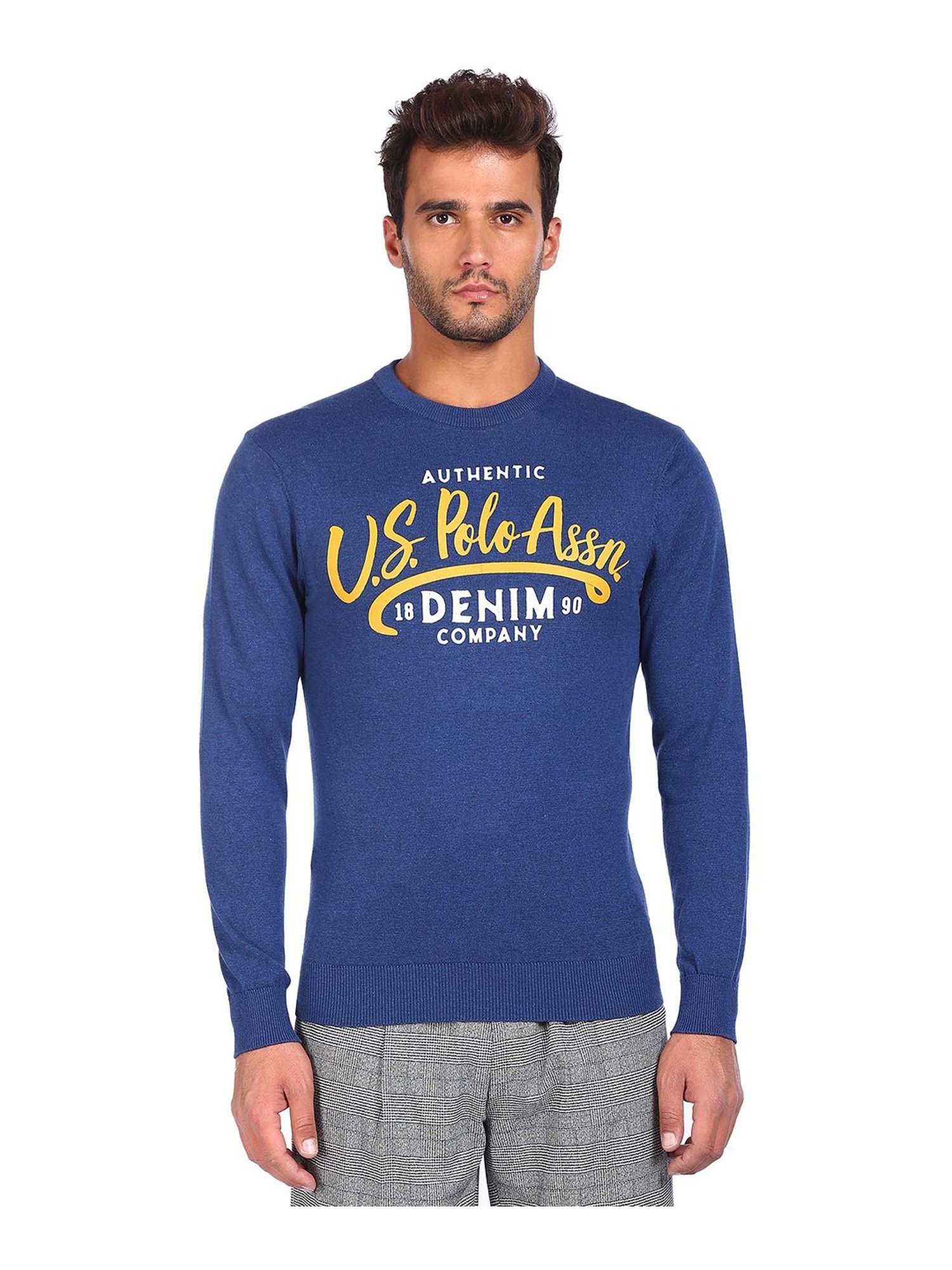 U.S. Polo Assn. Blue Printed Round Neck Sweater