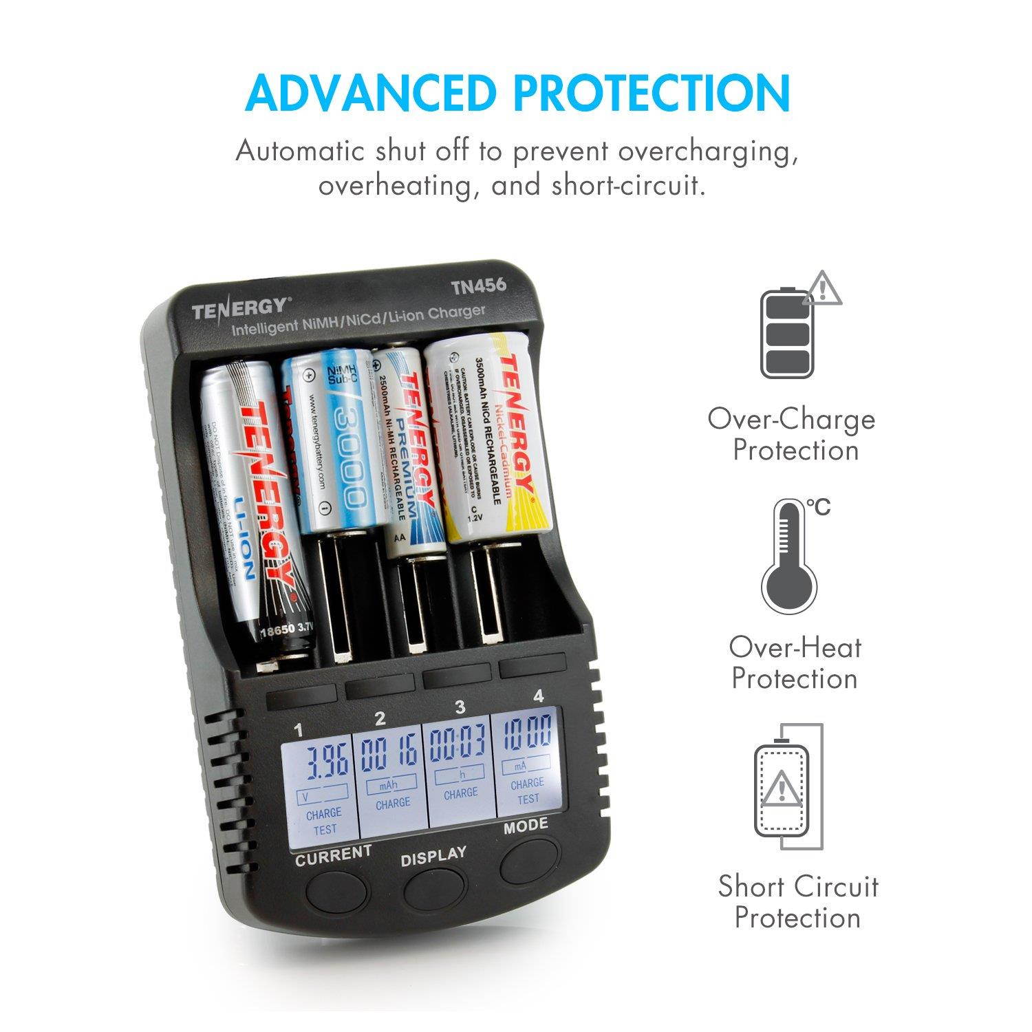 Tenergy TN456 Intelligent Universal Battery Charger with 4 Slots, LCD Display, USB Output, Power Adapter, Rechargeable Battery Charger for Li-ion/NiMH/NiCD Rechargeable Batteries