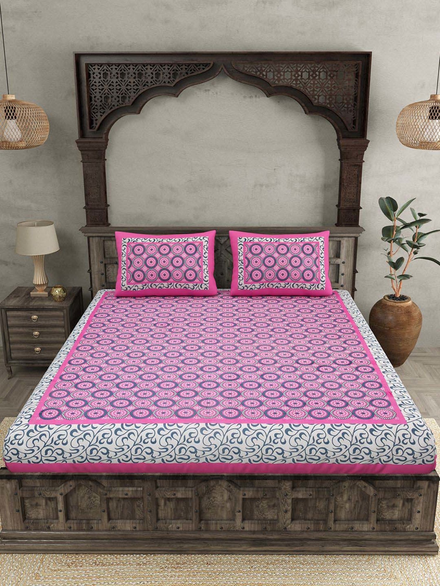 JaipurFabric Pink 100% Pure Cotton 120 TC Double Bedsheet with 2 Pillow Covers