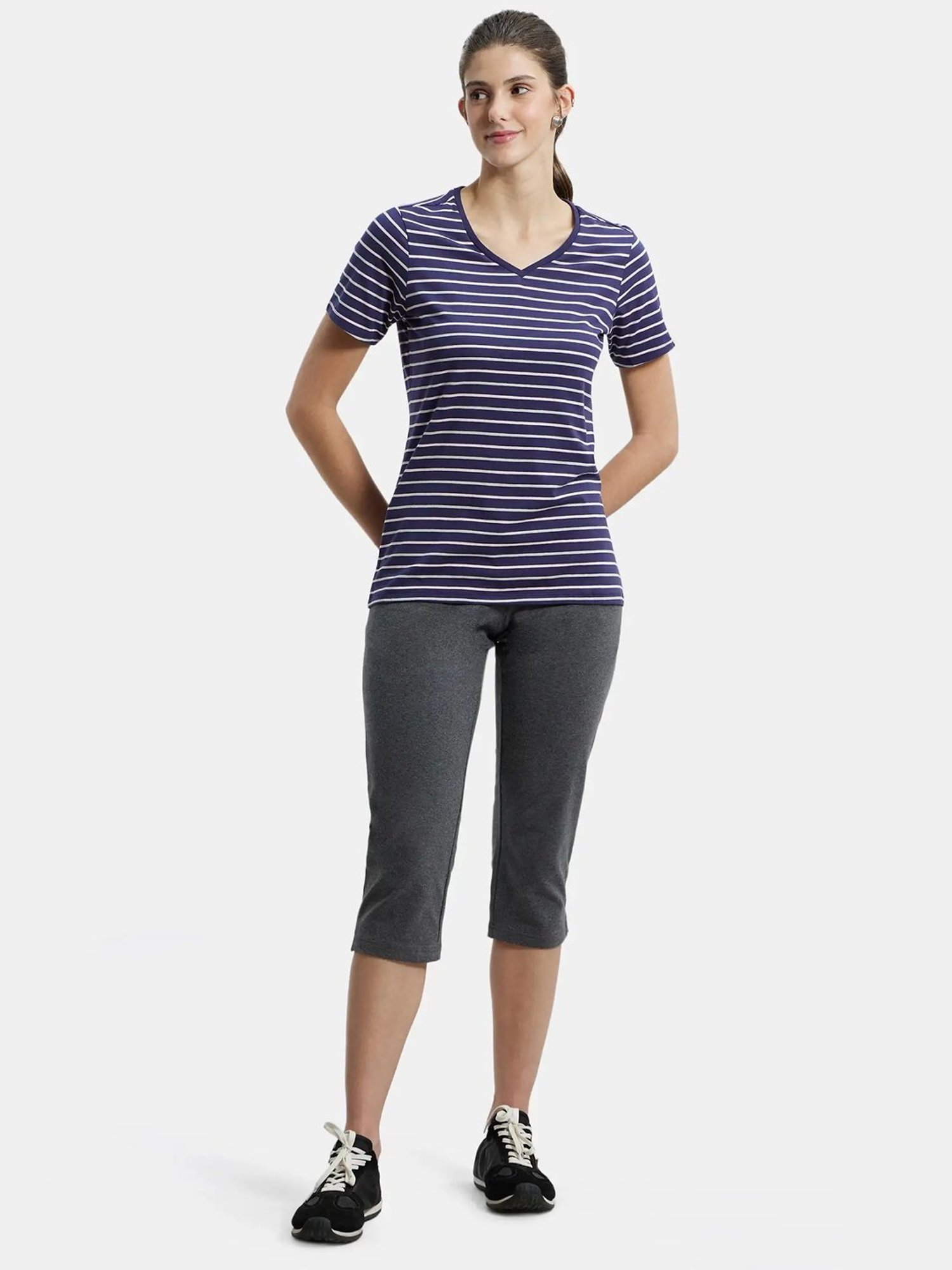Jockey AW22 Women's Super Combed Cotton Elastane Regular Fit Striped V Neck Half Sleeve T-Shirt