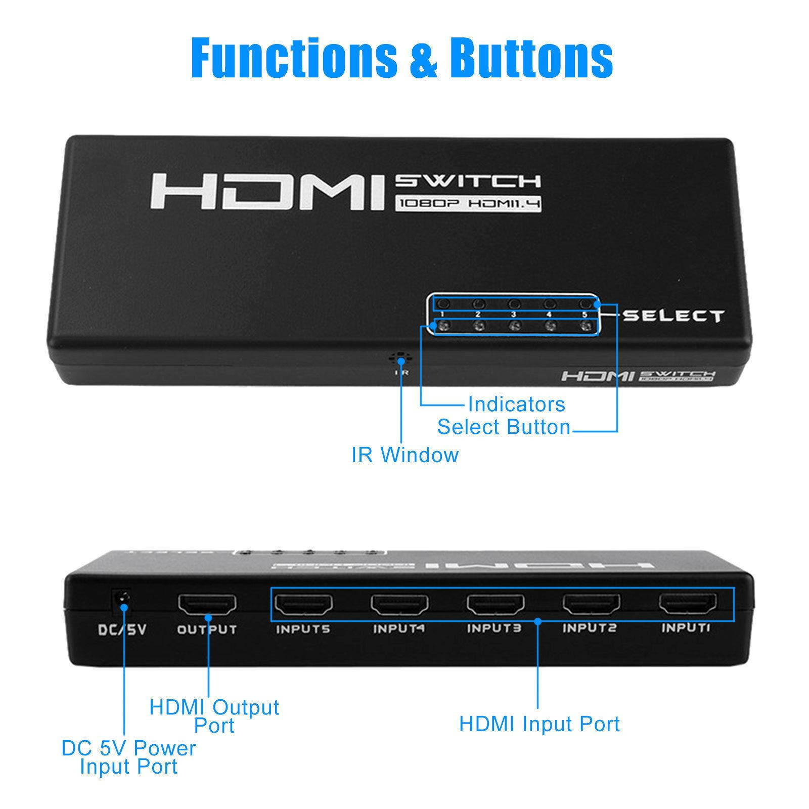 5-Port 4K 1080P HDMI Switch Switcher Selector Splitter +Remote For HDTV PS3 DVD