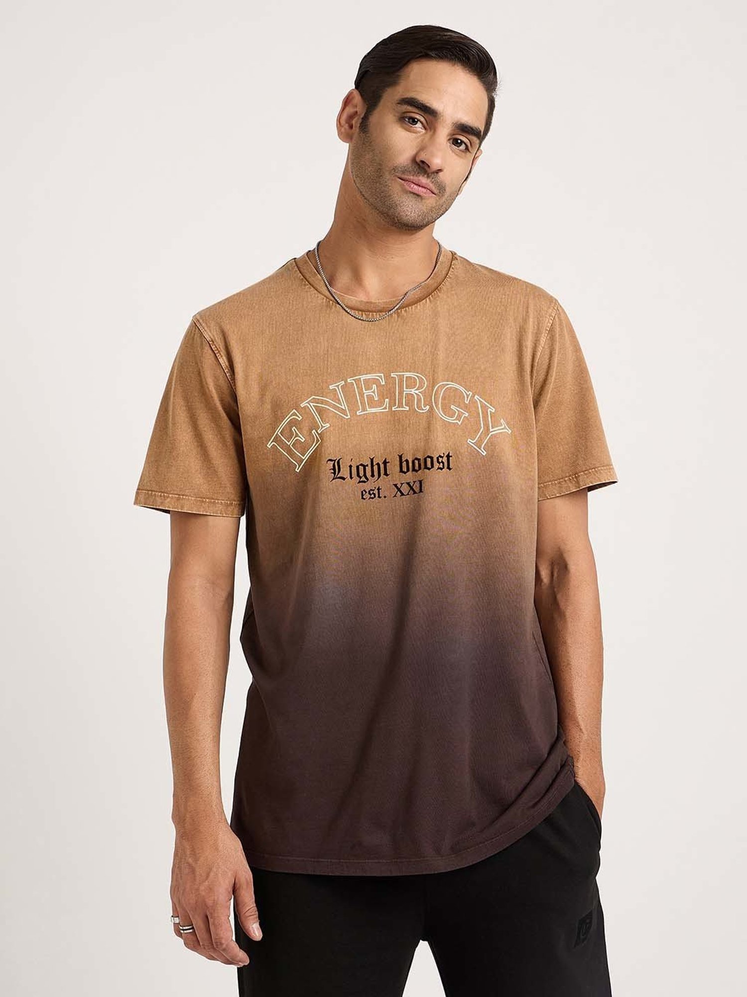 EDRIO Brown Regular Fit Printed Crew T-Shirt