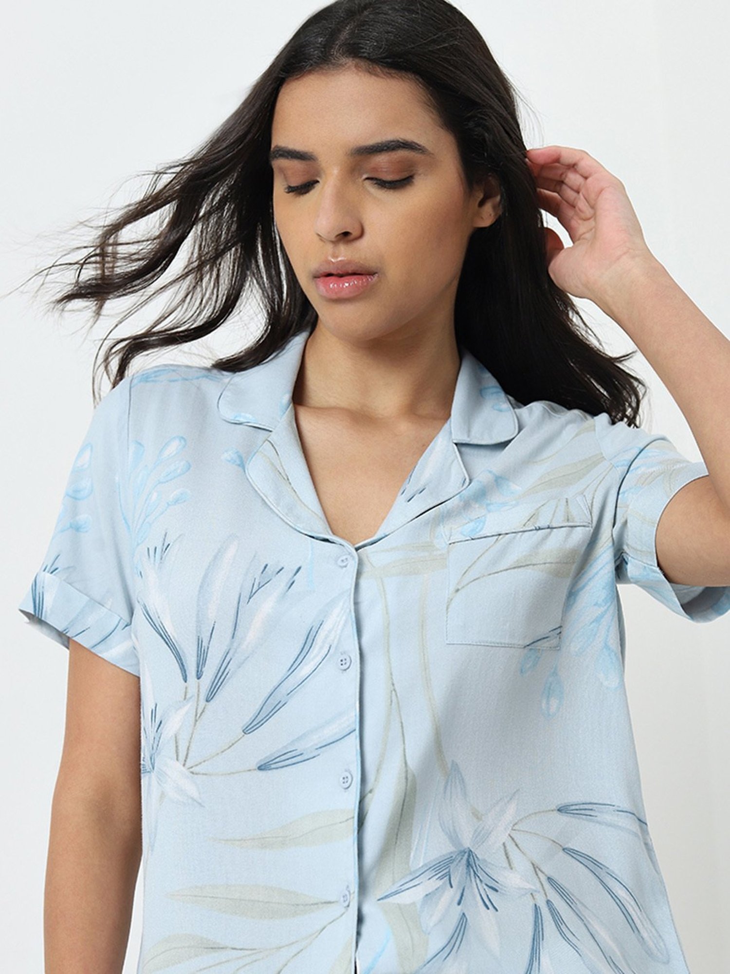Wunderlove by Westside Light Blue Floral Shirt and Pyjamas Set