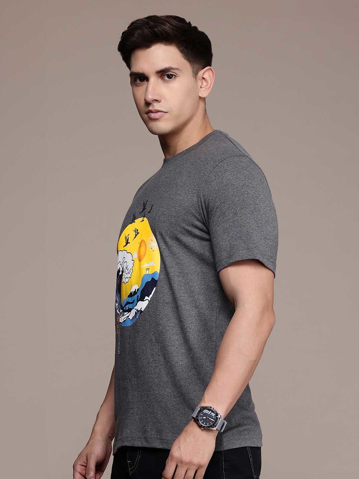 Burnt Umber Grey Regular Fit Graphic Print Crew T-Shirt