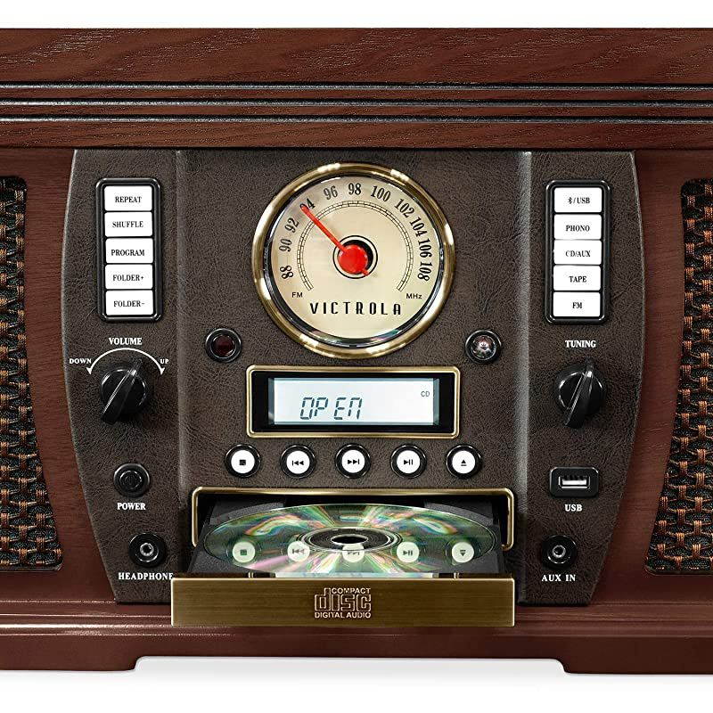 Aviator 8-in-1 Bluetooth Record Player & Multimedia Center with Built-in Stereo Speakers - 3-Speed Turntable, Vinyl to MP3 Recording | Wireless Music Streaming | Espresso