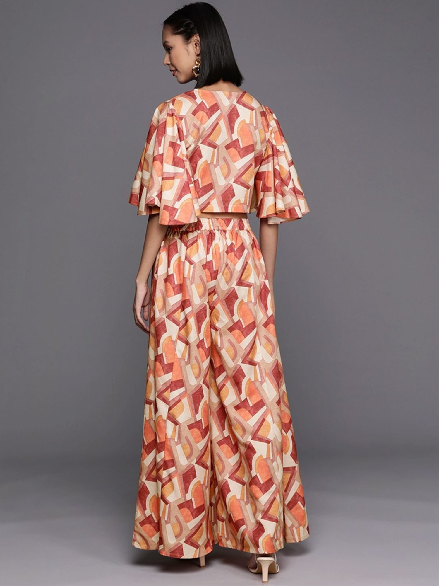 Varanga Beige Printed Crop Top Palazzo Set