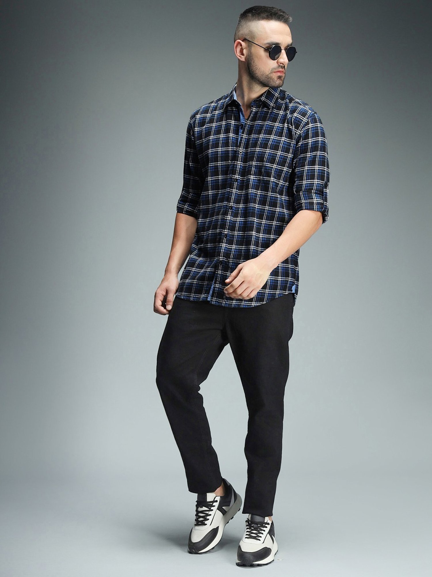 High Star Blue Cotton Regular Fit Checks Shirt