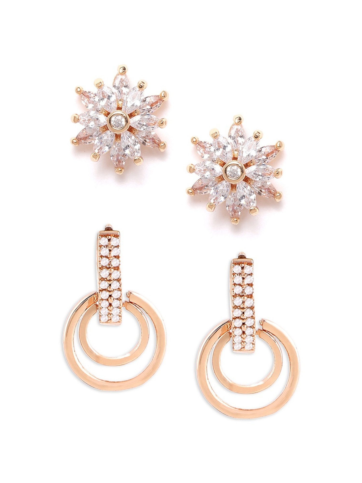 Zaveri Pearls Set of 2 Rose Gold & Gold Tone Cubic Zirconia Brass Stud & Hoop Earrings - ZPFK11161