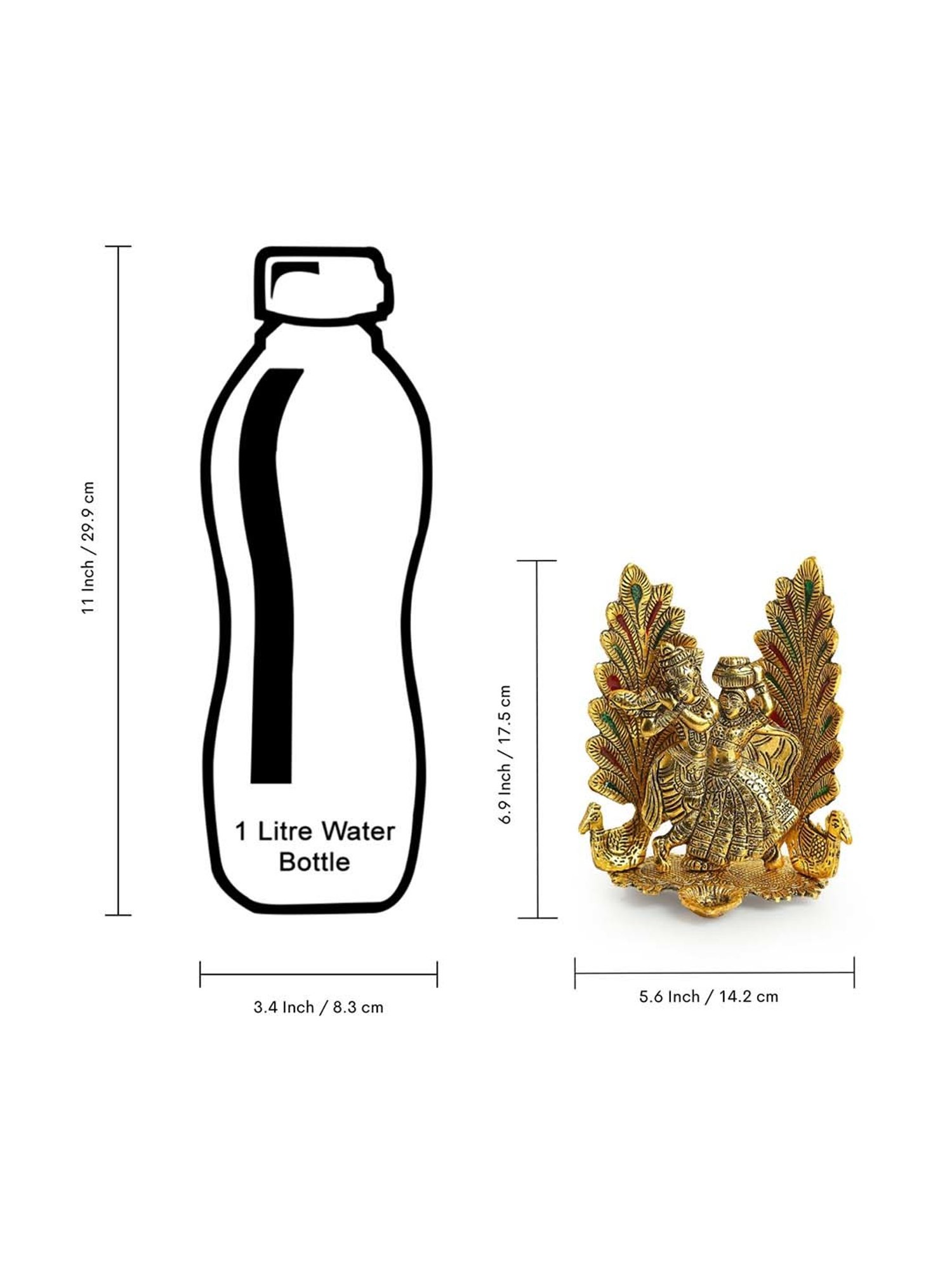 ExclusiveLane Golden Aluminium Radha-Krishna & Peacock Idol With Diya