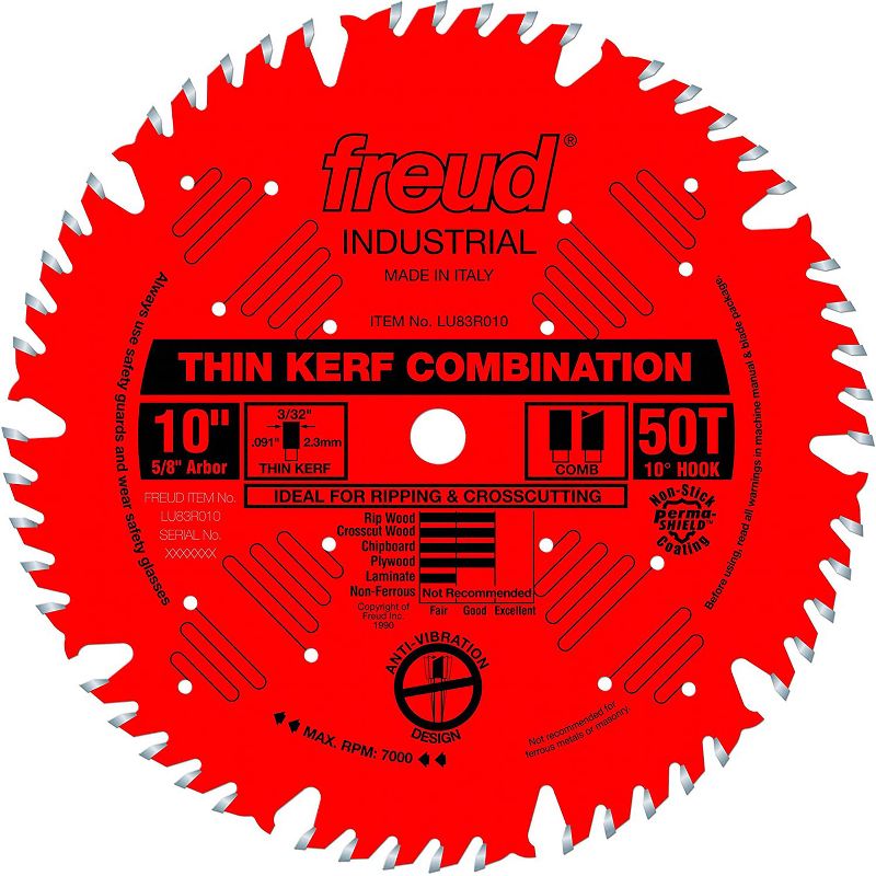 Freud LU83R010 10 Inch 50T Thin Kerf Ultimate Combination Splinter Free Anti Vibration Cutting Saw Blade for Crosscutting and Ripping (2 Pack)