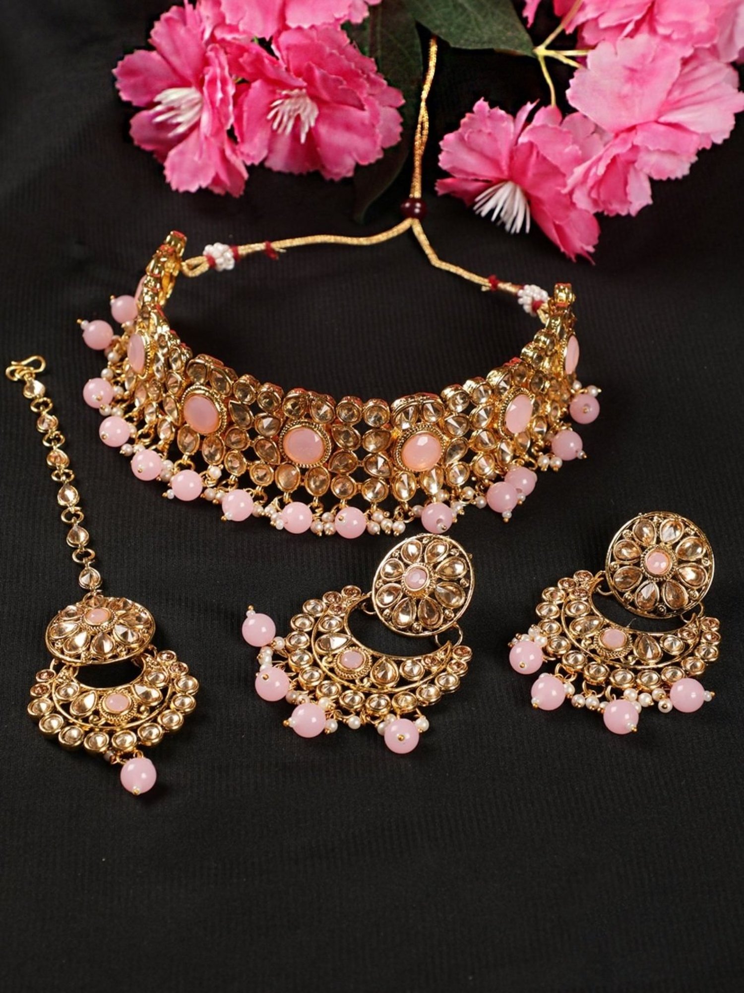 Aatmana White & Pink Pearls Kundan Beads Gold-Plated Necklace Set with MaangTikka for Women