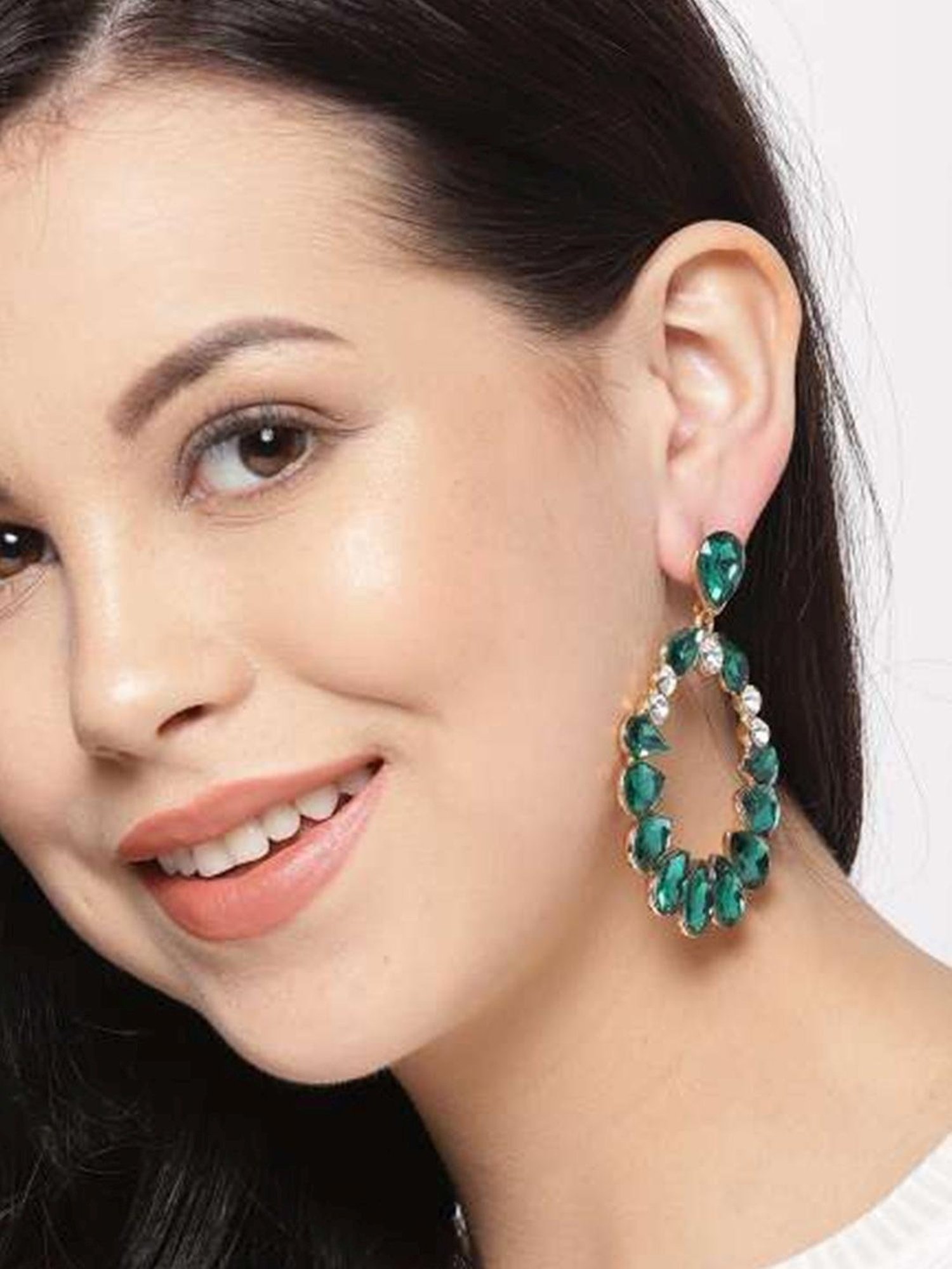 YouBella Crystal Rose-Gold Tone Green & White Dangler Earrings for Women