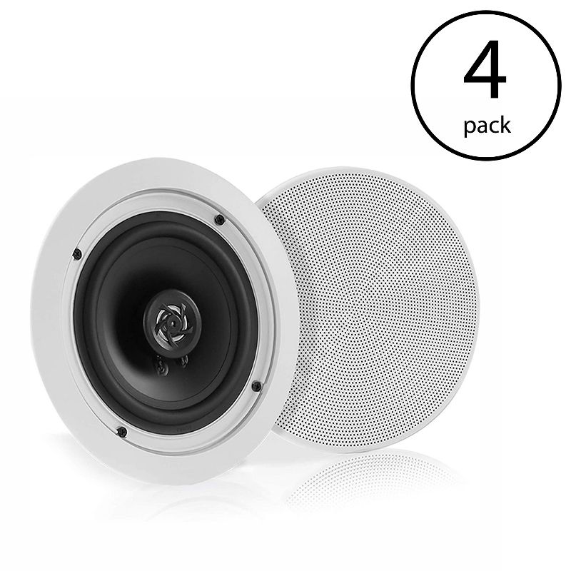 Pyle PDICBT552RD 150W Flush Mount in Wall or Ceiling 2 Way Bluetooth Speaker System Pair Kit with Round Cone and Polymer Tweeter, White (4 Pack)
