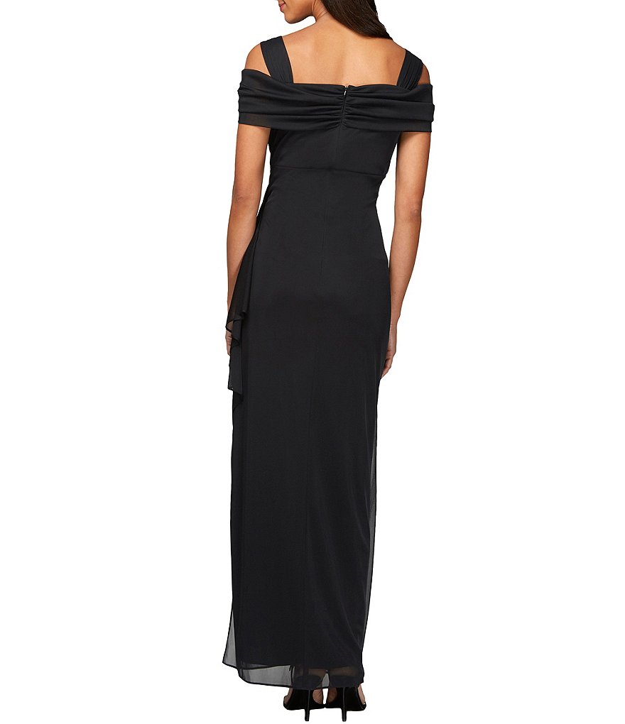 Alex Evenings Exposed-Shoulder Draped Cap-Sleeve Ruched Waterfall Hem Mesh Gown