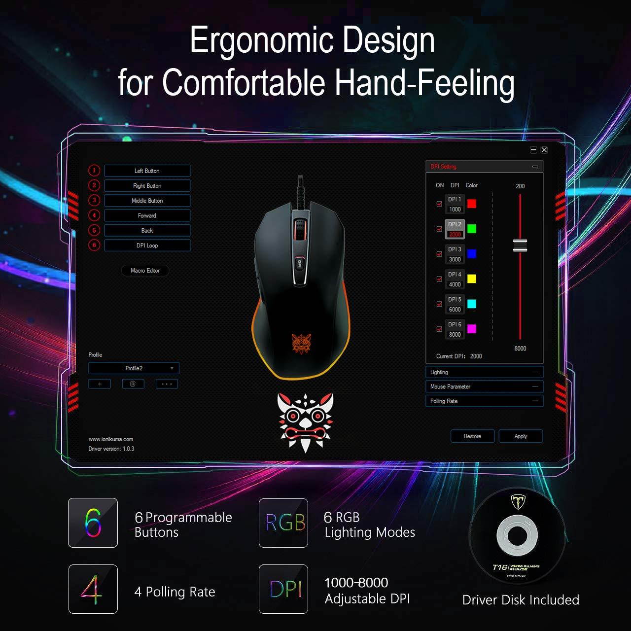 ONIKUMA USB Wired Gaming Mouse with 8000 DPI & 6 Programmable Buttons & RGB Breathing Lights for PC, Mac, Laptop, Desktop Computer Bundle with Thin Mouse Pad