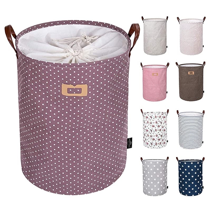19Inches Thickened Large Laundry Basket 9 Colors with Durable Leather Handle Drawstring Waterproof Round Cotton Linen Collapsible Storage Basket Purple L