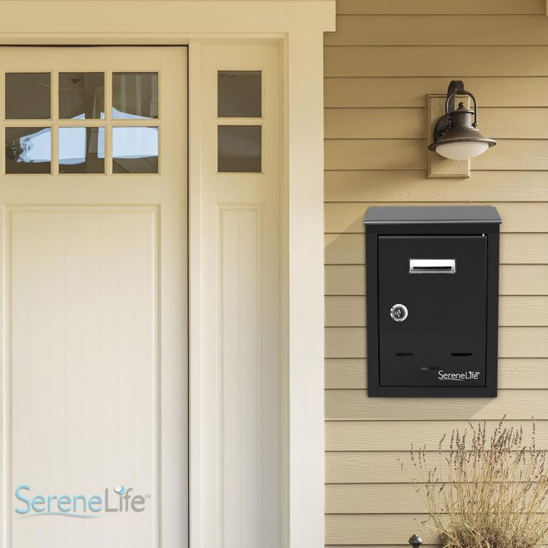 SereneLife SLMAB24 Home Indoor Outdoor Galvanized Steel Metal Wall Mount Secure Locking Mailbox Magazine Newspaper Holder with Keys, Black