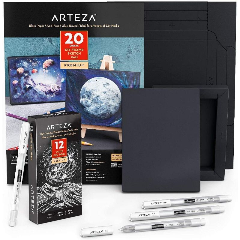 Arteza Black and White Contrast DIY Drawing Bundle Kit with 12 White Gel Pens and a Black DIY Frame Pad (ARTZ-BNDL104)