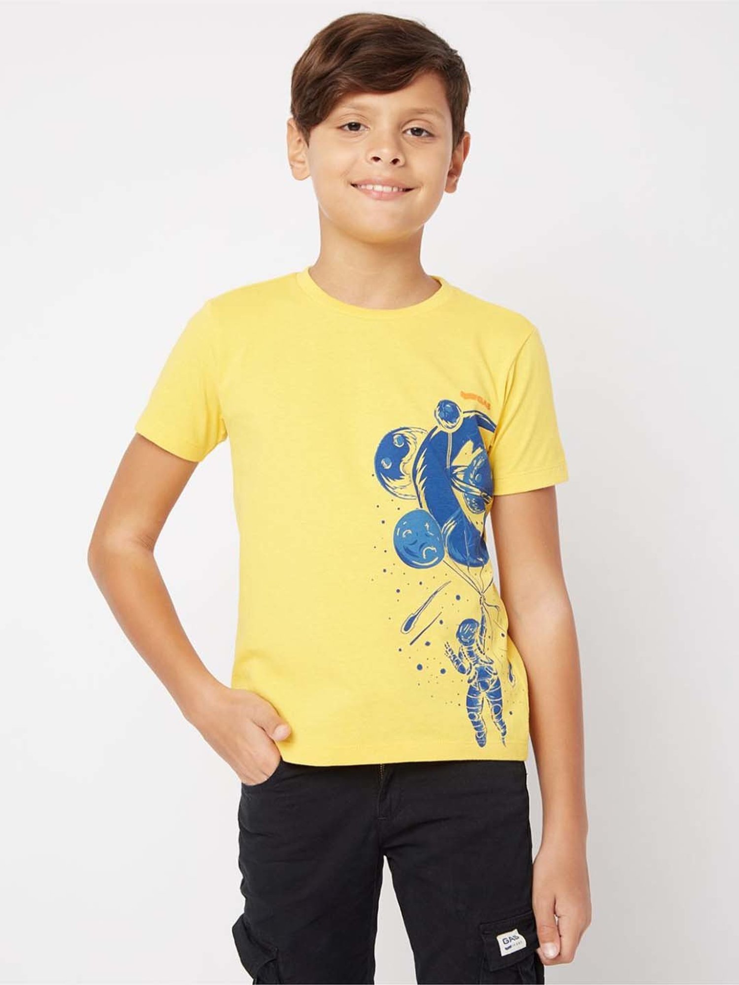 Gas Kids Vibrant Yellow & Blue Cotton Printed T-Shirt