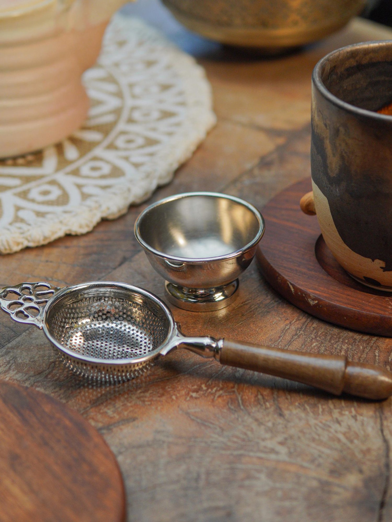 Ambi Pure Brass Punched Flower Medium Sized Tea Strainer - Gold Matte Finish With Wooden Handle