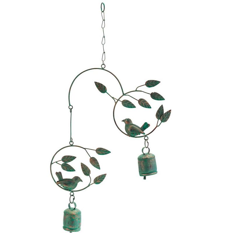 Wind & Weather Metal Birds and Bells Wind Chime with Green Over Gold Patina-Like Finish