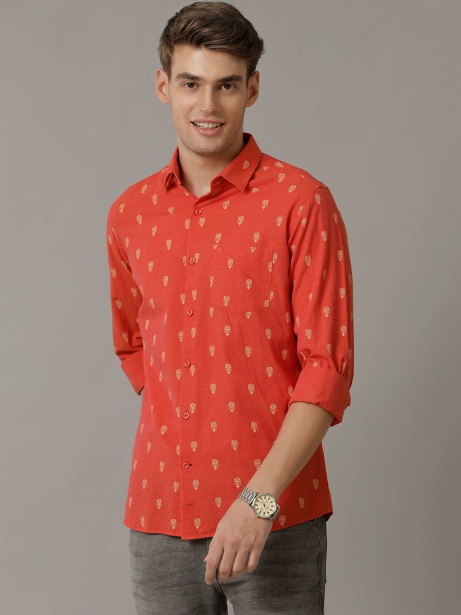 Cavallo By Linen Club Red Linen Contemporary Fit Printed Shirt