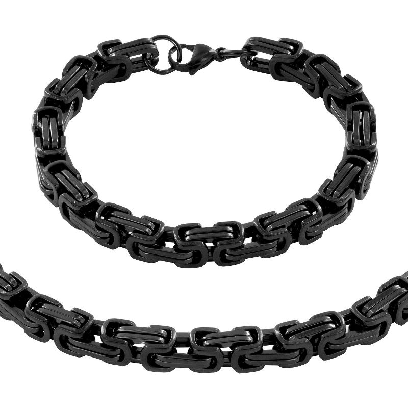 Men's Stainless Steel Plated Byzantine Chain Necklace and Bracelet Set - Black