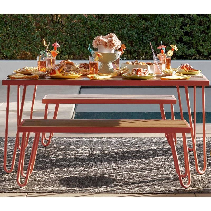 Paulette Square Patio Table & Bench Set - Persimmon Red - Novogratz