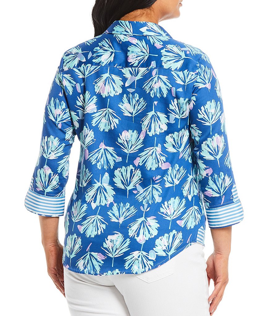 Foxcroft Plus Size Pressed Floral Print Point Collar Neck 3/4 Roll-Cuff Sleeve Top