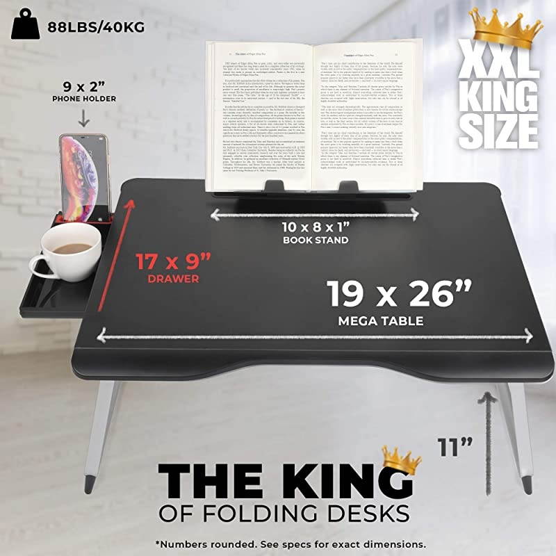 Mega Table XXL Folding Laptop Desk for Bed Sofa | Couch Table Bed Desk Laptop Writing Study Eating Storage Reading Stand Black Onyx