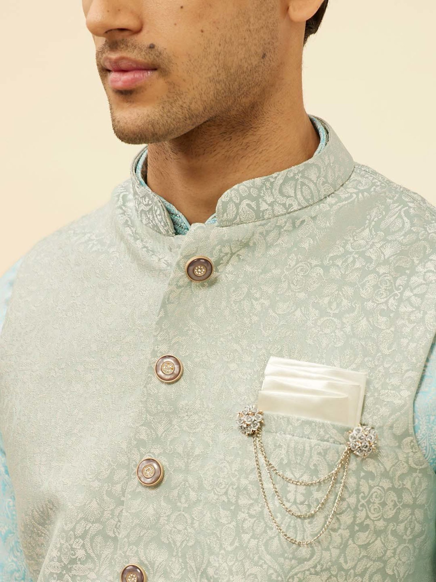 Manyavar Light Blue Regular Fit Jacquard Nehru Jacket