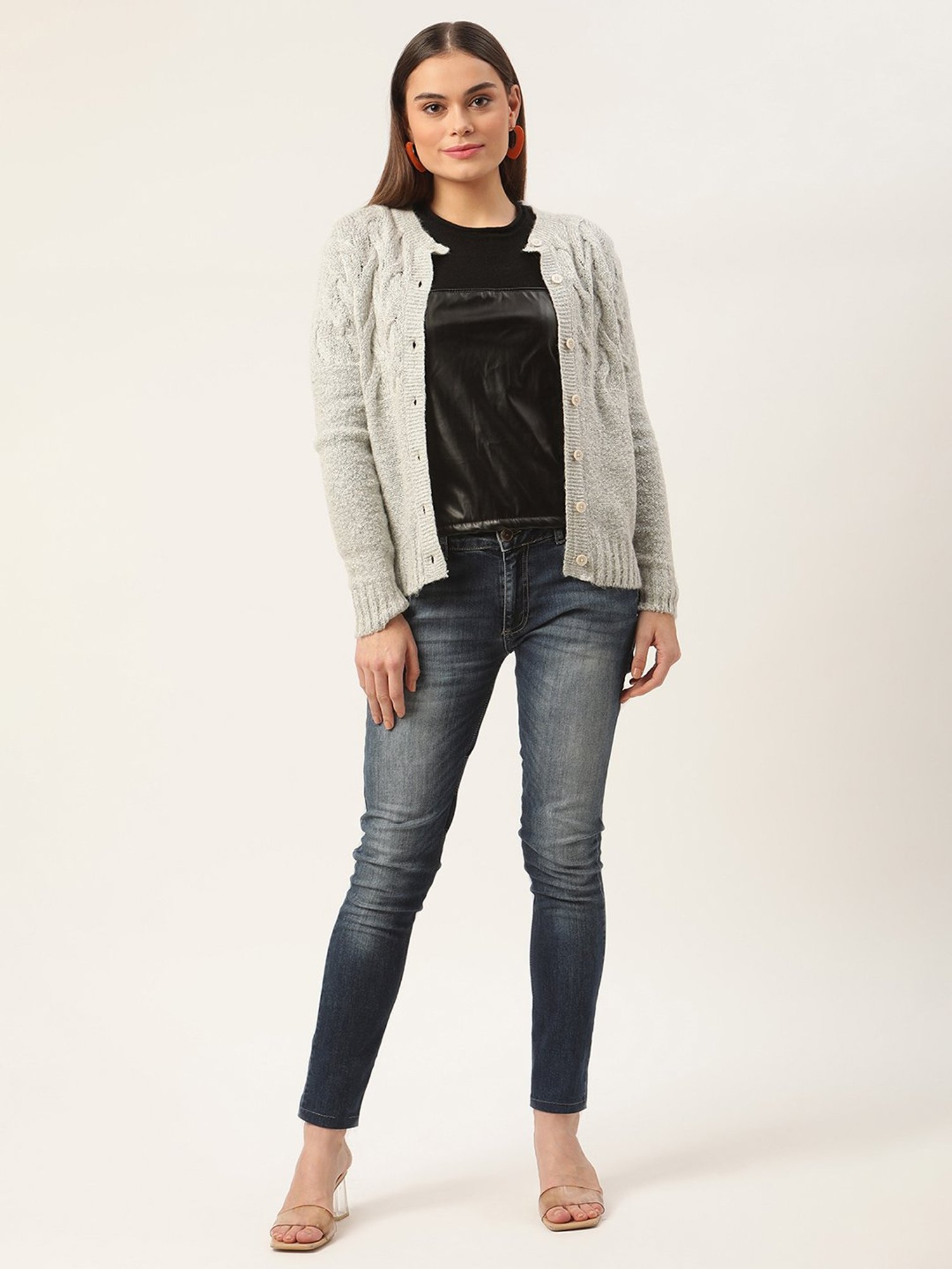 Rooted Grey Self Design Round Neck Sweater