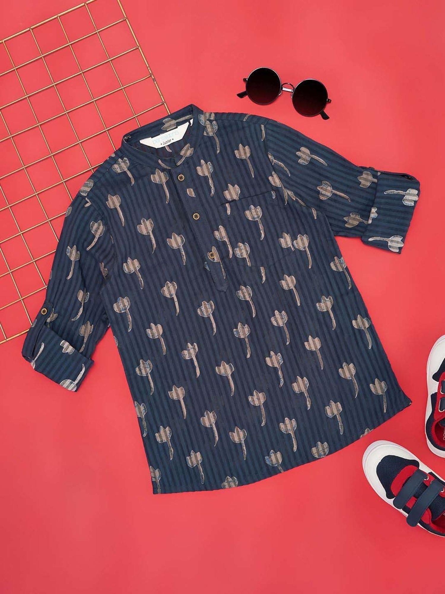 Indus Route by Pantaloons Kids Dark Navy Cotton Printed Full Sleeves Kurta