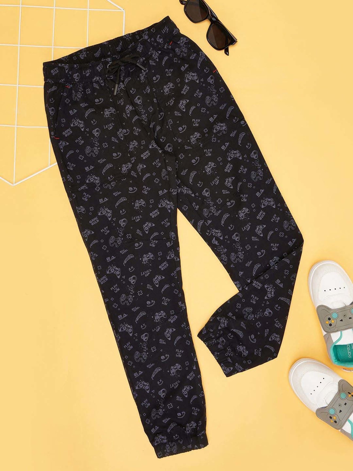 Pantaloons Junior Boys Jet Black Cotton Printed Track Bottoms & Joggers
