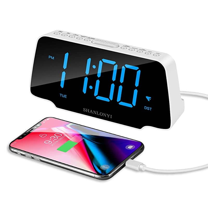 Loud Alarm Clock Radio with 9 Inch Blue LED Display for Bedroom, 3 Dimmer, Snooze, FM Radio, 12/24H, Auto DST, USB Chargers, Battery Backup for Kids, Heavy Sleepers, Elderly