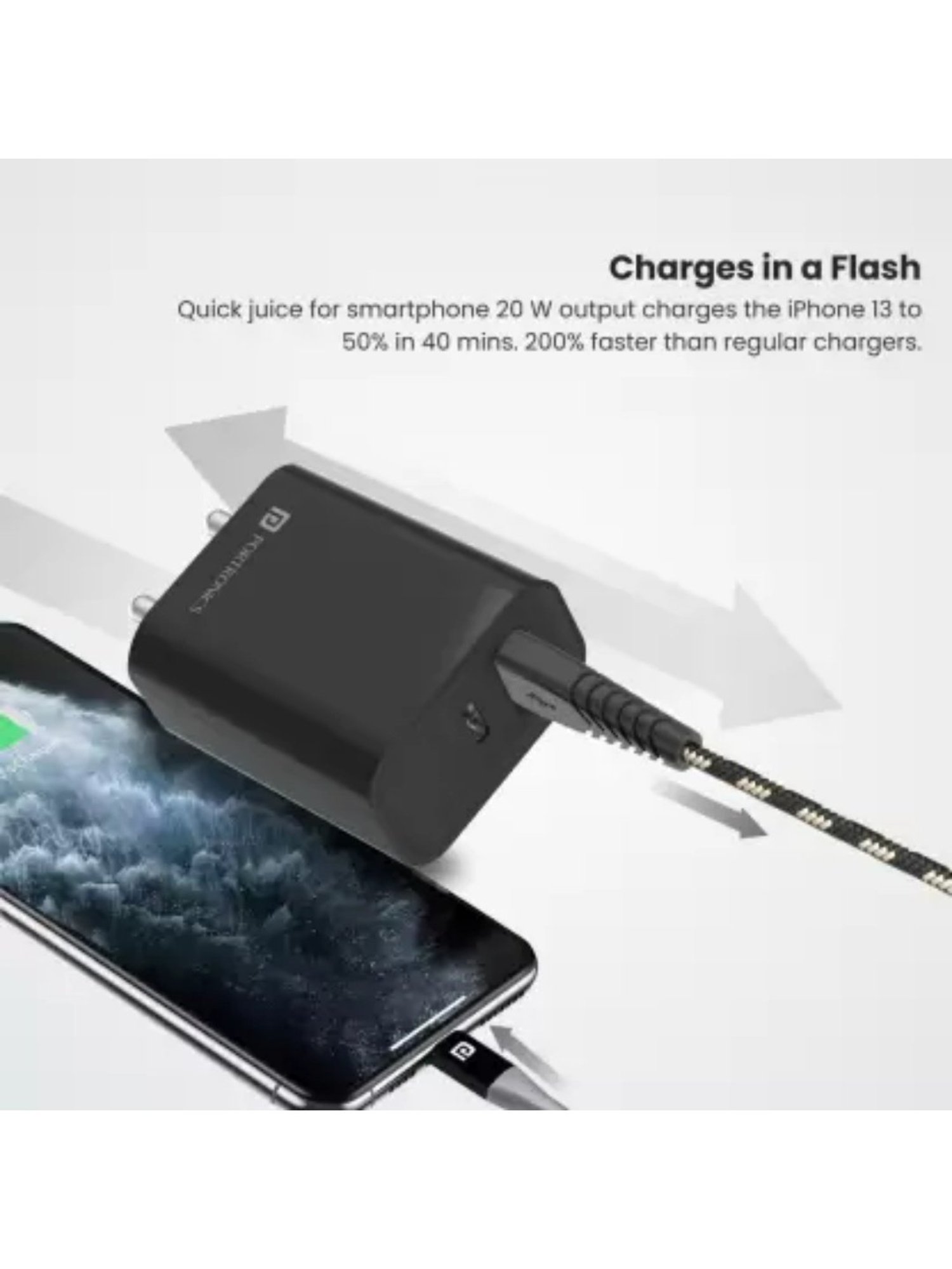 Portronics Adapto 45 20W Mobile Charger Adapter with Dual Port (USB A + PD Type C) - Black