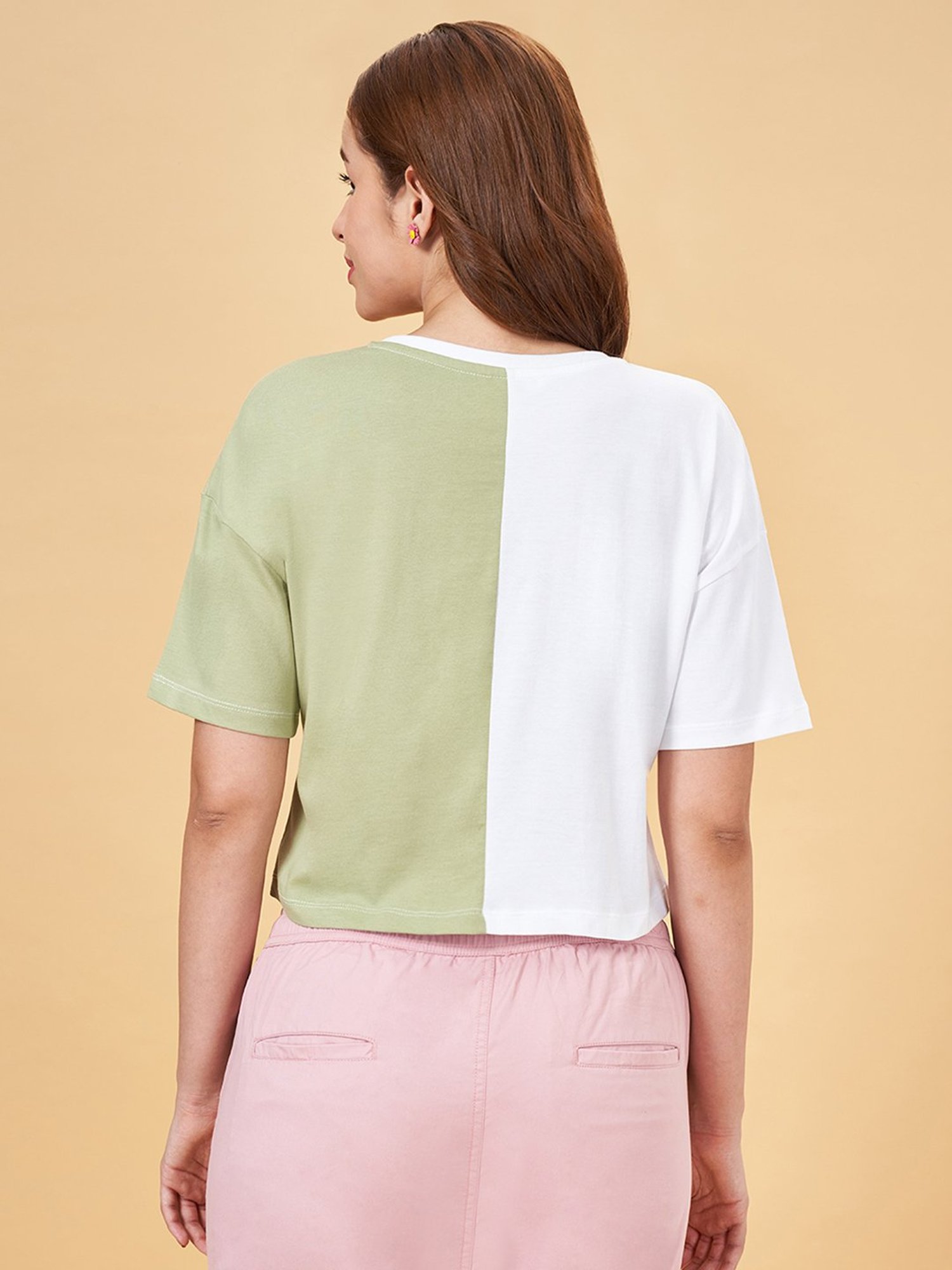 Honey by Pantaloons White & Green Cotton Printed Crop T-Shirt