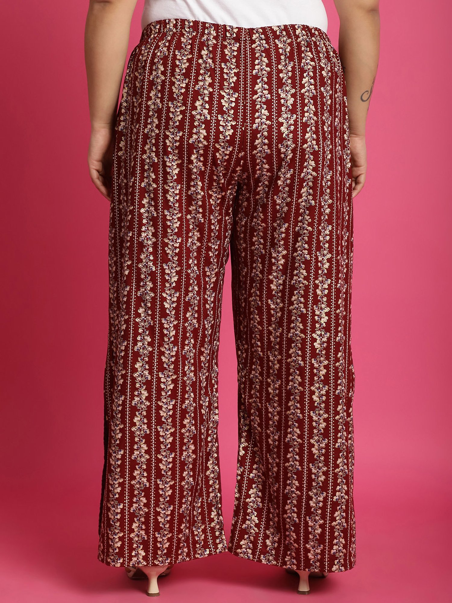 theRebelinme Maroon Floral Print High Rise Regular Fit Palazzos