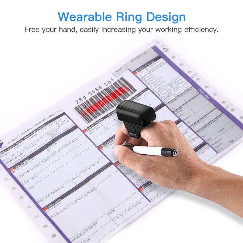 2D Wearable Ring Barcode Scanner/ Mini Portable 3-in-1 USB Wired & 2.4G Wireless & Bluetooth Bar Code Reader/ Image 1D QR Scanner PDF417 Data Matrix Screen Scanning /  iPad/ iPhone/ Android/ PC